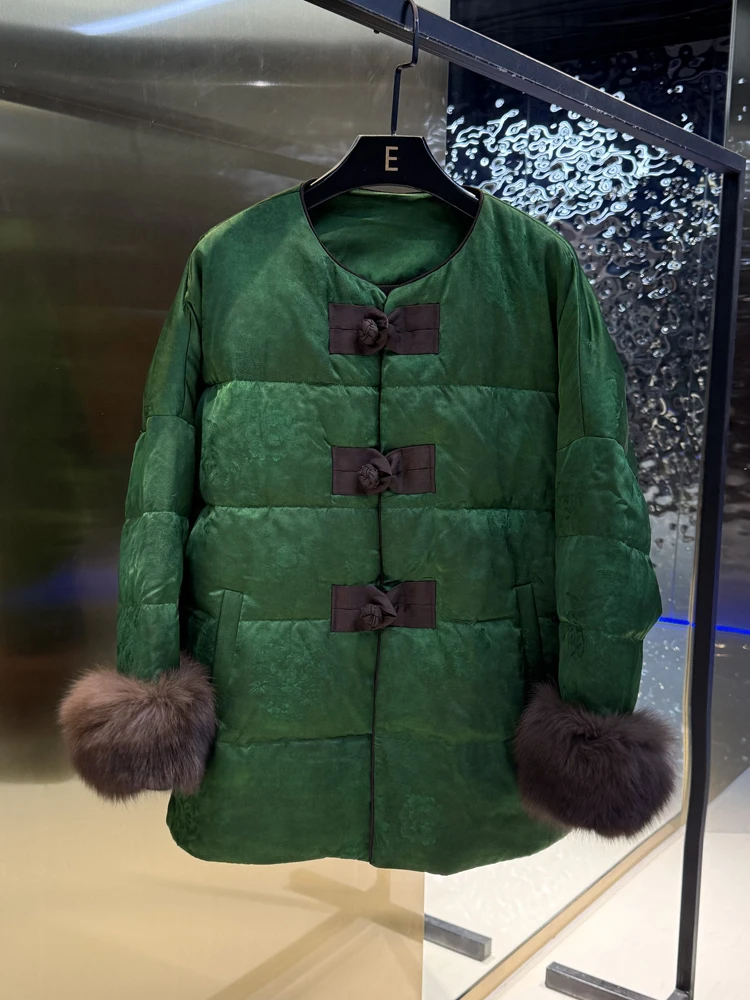 

2025 New National Style Fur Cuffed Goose down Jacket Mid-Length Embroidered Sleeve Button Outerwear Women's Fashion