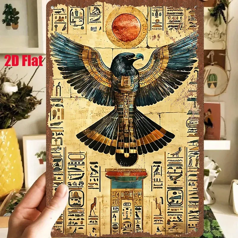 1PC 8x12in 2D Flat Metal Sign Vintage Egyptian Eagle God Pattern Tin Plaque Gold Blue Feather Hieroglyphic Wall Decor for Hallow