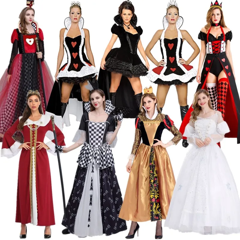 大人用-ハロウィン-ハートの女王-プリンセス-レッドハート-ポーカーカード-クイーン-ホワイトクイーン-パフォーマンスコスチューム-コート-ロングスカート