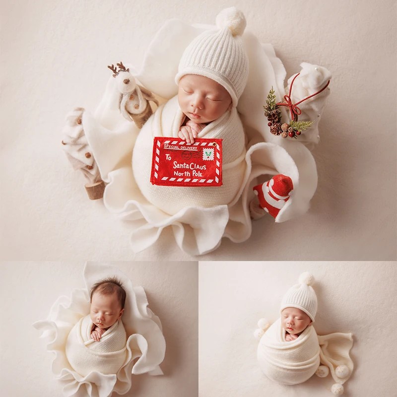 

NEW Snowflake Baby Costume Newborn Photography Props Christmas Theme Knit Outfit Baby Wrap+ Knitted Hat Photo Shoot Scene Props