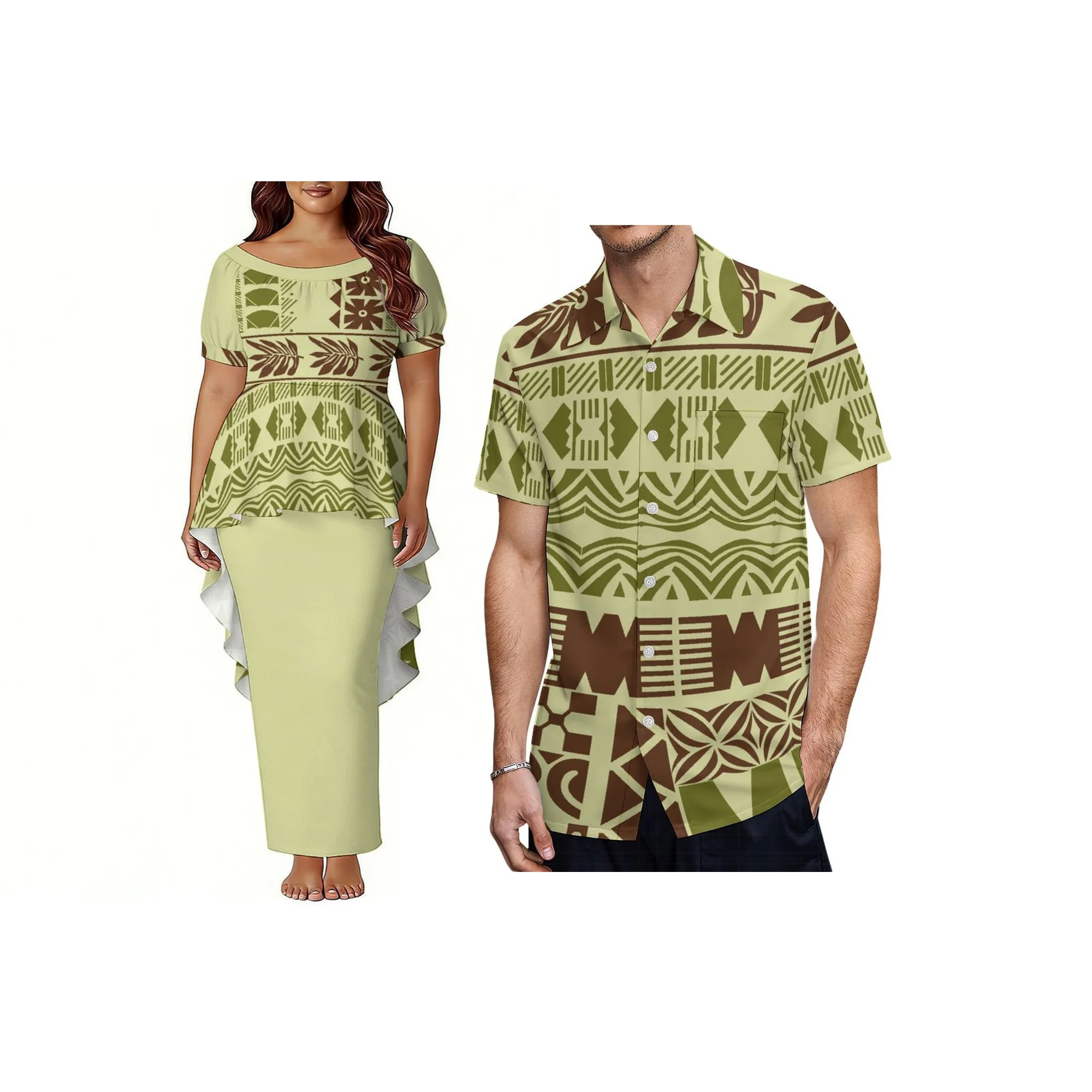 Dropshipping Custom Pacific Isalnd Art Design Elegant Women Fishtail Dress Puletasi Short Sleeve Dress Two Piece