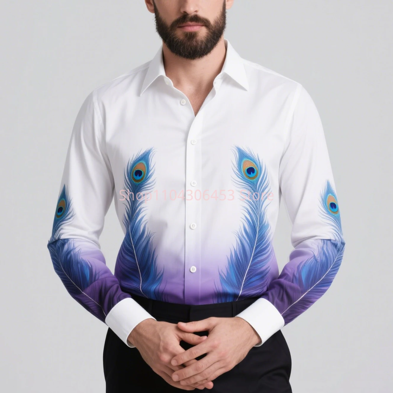 秋メンズ白シャツ孔雀の羽プリントシャツハワイアンカジュアル長袖ラペルシャツビジネスシンプルパーティーフォーマルトップ