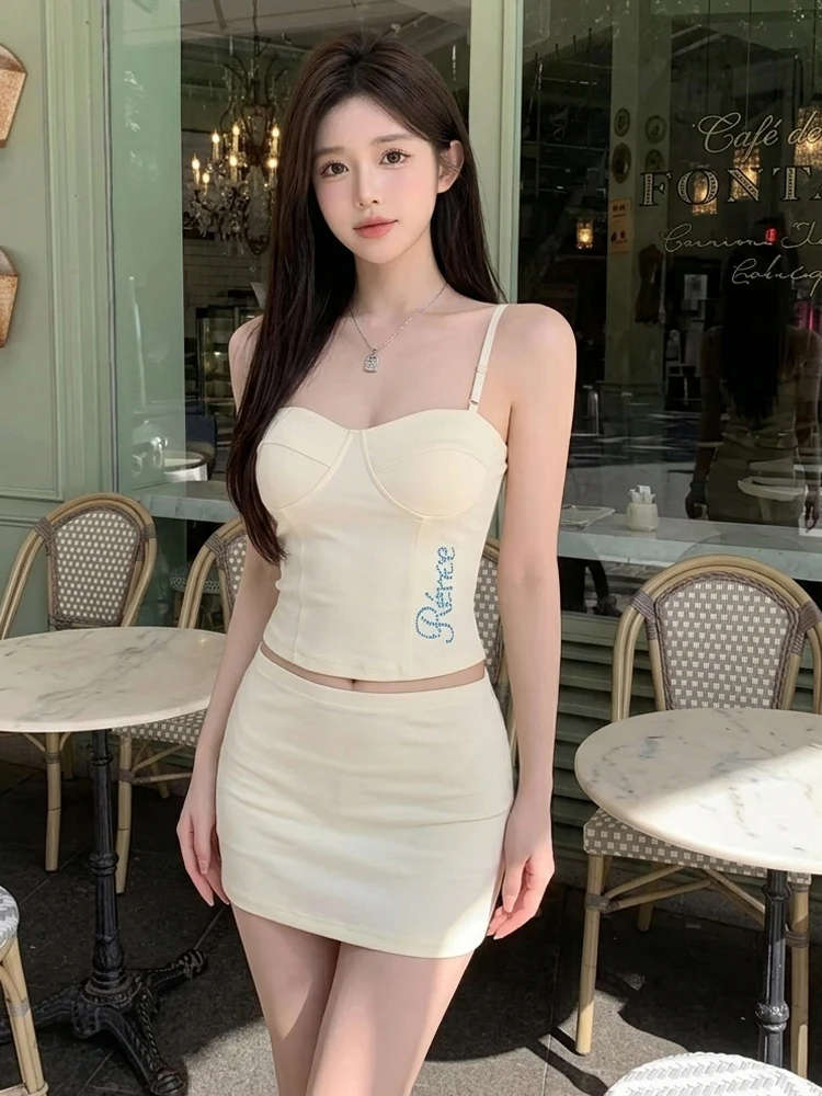 Sexy Splice Letter Low Chest Backless Slim Fit Tank Top And Elastic Half Skirt Two Piece Set Breathable V Neck Sleeveless Wom...