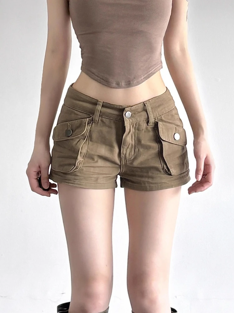

Khaki Denim Shorts For Women Sexy Streetwear Low Rise Short Trousers Cargo Pants Pockets Booty Shorts Y2k Clothes Summer Outfit