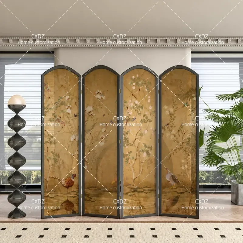 American Retro Solid Wood Folding Screen Partition Mobile Room Divider for Living Room Bedroom Hotel with Flower and Bird