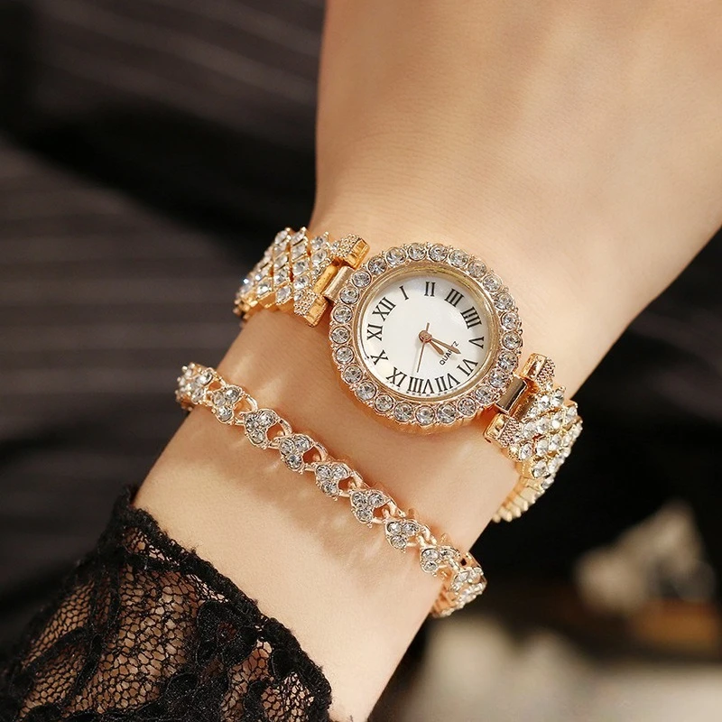 Trendy Roman Numeral Watch, Luxurious Diamond-Embedded Cuban Bracelet, Fashionable Hip-Hop Steel Wristwatch for Women