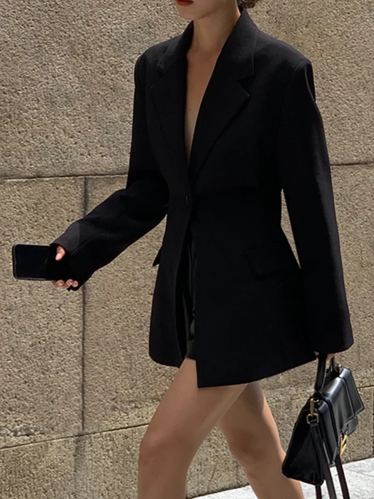 DEAT Fashion Women\'s Blazer Single Button Notched Collar Long Sleeve Shoulder Pad Black Suit Jackets Spring 2023 New 17A2833