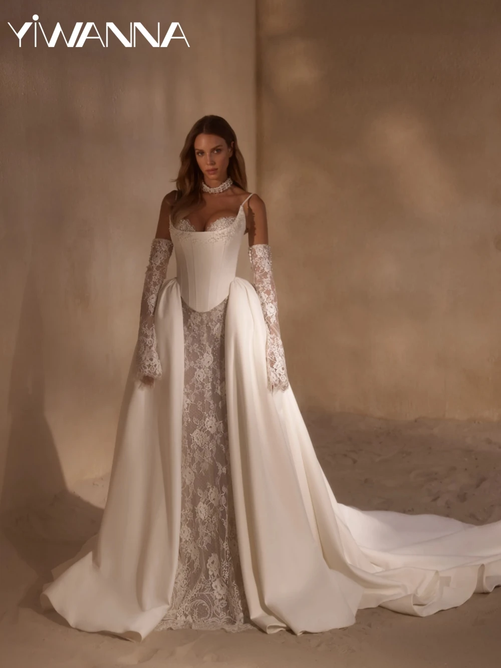 

Detachable Train Pearls Lace Long Wedding Dress With Corset Sweetheart Neck Bridal Gown Customized Elegant Dresses For Bride