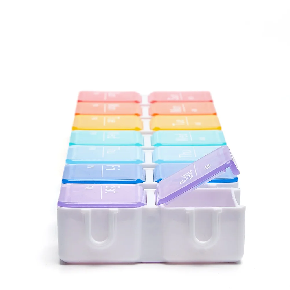 

1Pcs Weekly Pill Box Large Capacity 14 Compartments 2 Rows Medicine Organizer Rainbow Container 2 Rows 14 Grids Container
