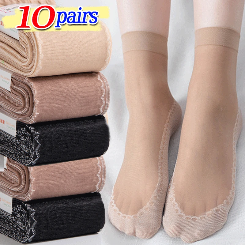 1-10pairs Elastic Lace Socks Women Transparent Ultrathin Mesh Non-Slip Bottom Splice Sock Female Silk Velvet Ankle Short Sox