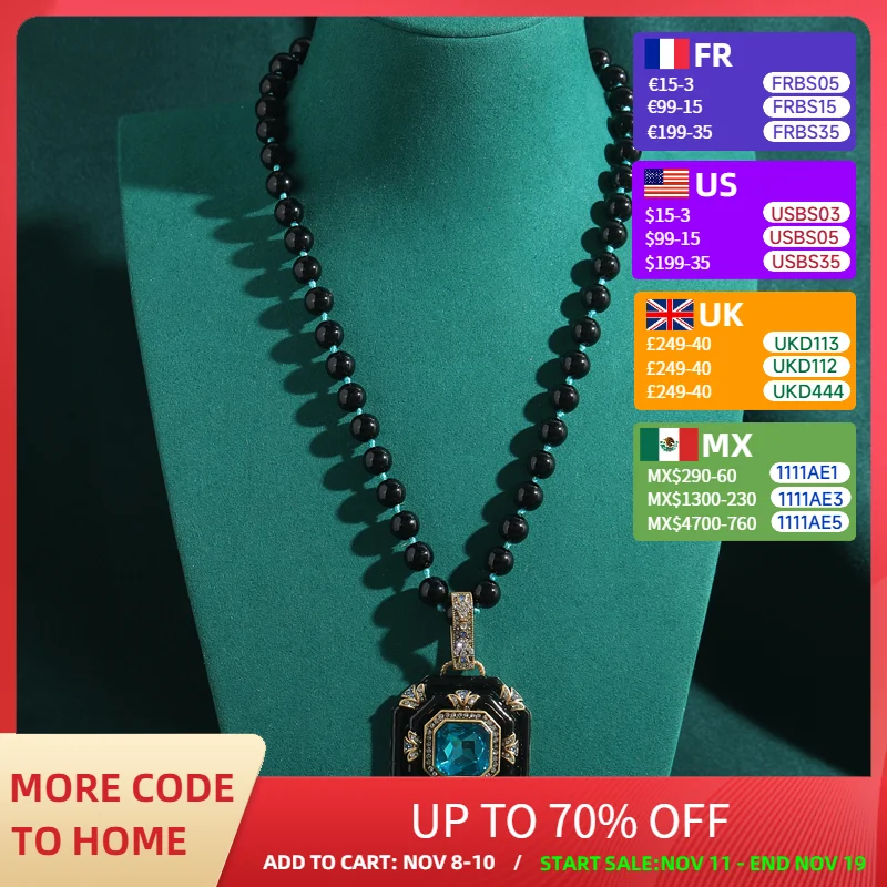 

Vintage Sea Blue Crystal Enamel Square Pendant Necklace Black Natural Stone for Women Antique Jewelry Party Accessories New 2025