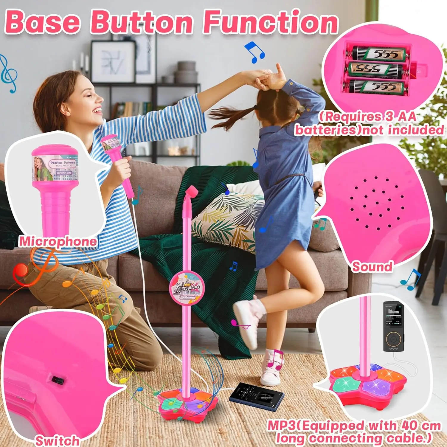 Micrófono para Niños con Soporte Ajustable, Juguete Musical de Karaoke, Máquina de Karaoke con Luces para Fiestas de Niños y Niñas, Regalo