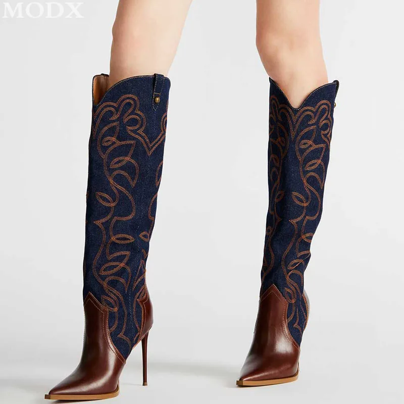 Navy & Brown Stitching Patchwork Stiletto Knee-High Cowgirl Boots Fashion Embroidery Mixed Colour Vintage Boots Zapatos De Mujer