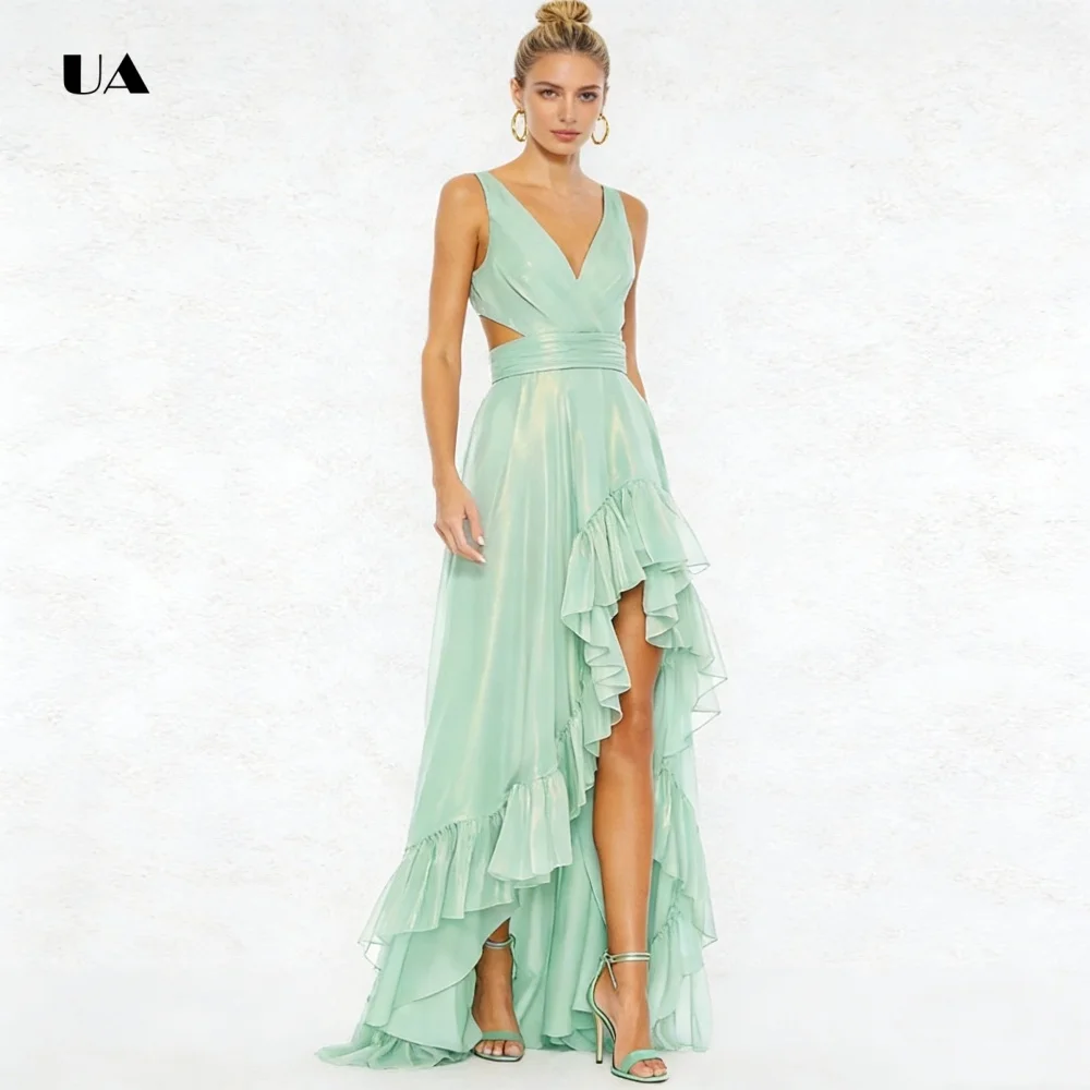 ULBYANRY Asymmetrical Prom Dress with Deep V-neck Sleeveless Cut Out Evening Dress with Ruffled Hem Draped Customized Party Gown