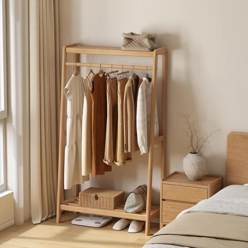 

2026 New：Oak Wood Clothing , Garment with Shelves, Clothes Rack Bedroom, Living Room, Entryway, 16 x 35 x 6