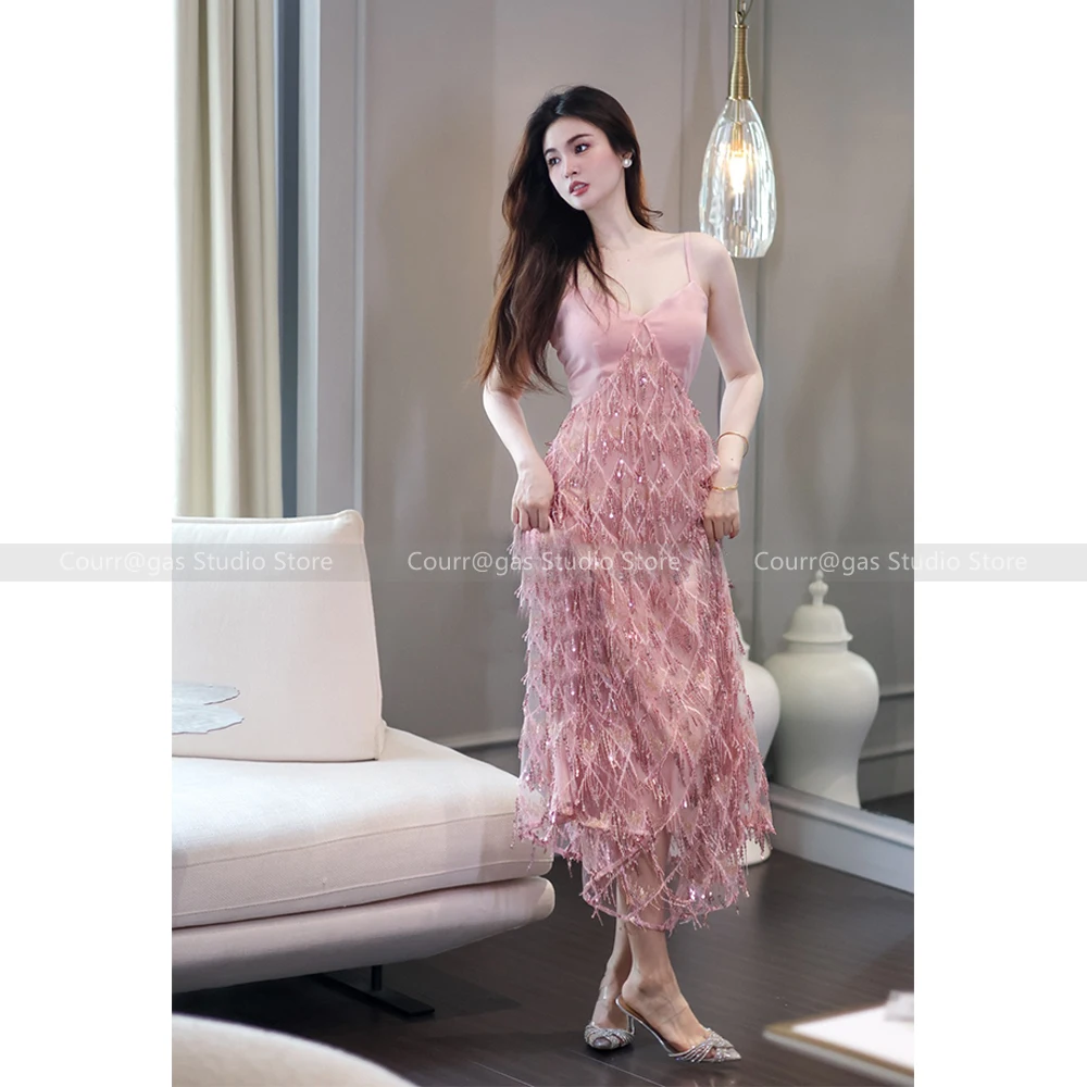 

Niche Heavy Sequins V-neck Fairy Pink Waist Sexy Halter Vacation Dress Women 2024 Summer New