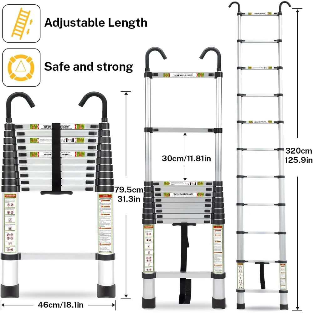 10.5FT Aluminum Telescoping Ladder with Non-Slip Feet and Stable Hook, Portable Extension 330lb Capacity, Step Ladders