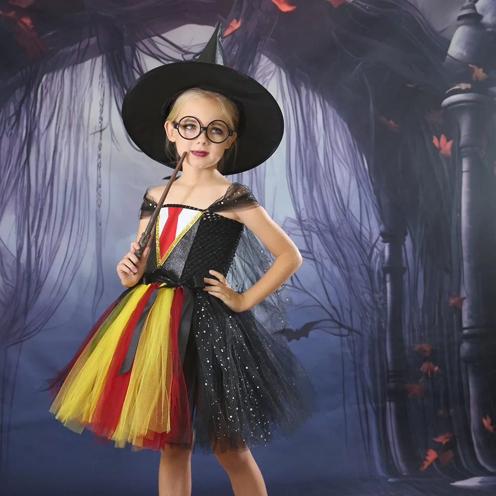 

Kids Girls Witch Mesh Tutu Dress Hat Set Children Halloween Cosplay Costumes Child Pretend Princess Party Role Play Outfit