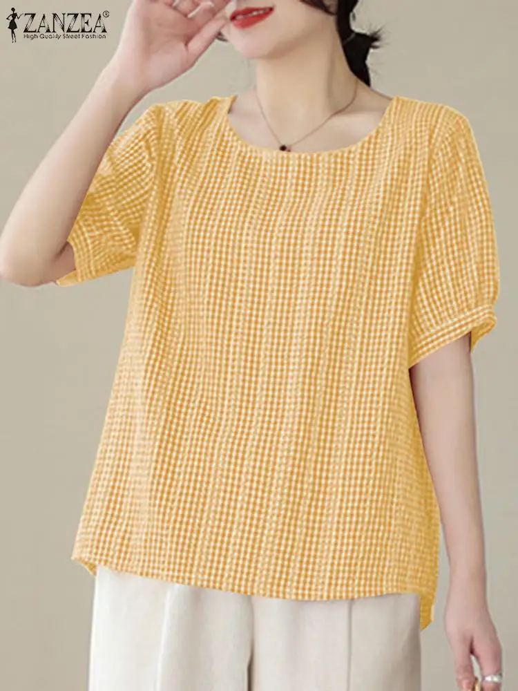 

Женские летние блузки ZANZEA 2024, элегантные блузки, топы с коротким рукавом, в клетку, с круглым вырезом, в Корейском стиле, с принтом, повседневные рубашки оверсайз