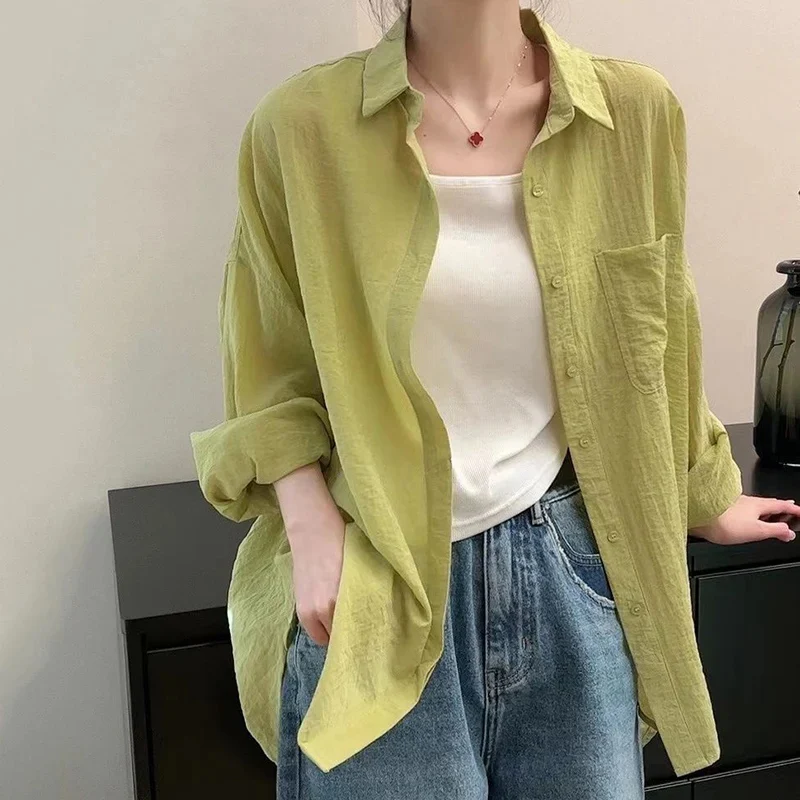 summer Green sun protection shirt Women Korean Chic loose Thin lapel Long Sleeve tops female Solid All-match Button Blouse