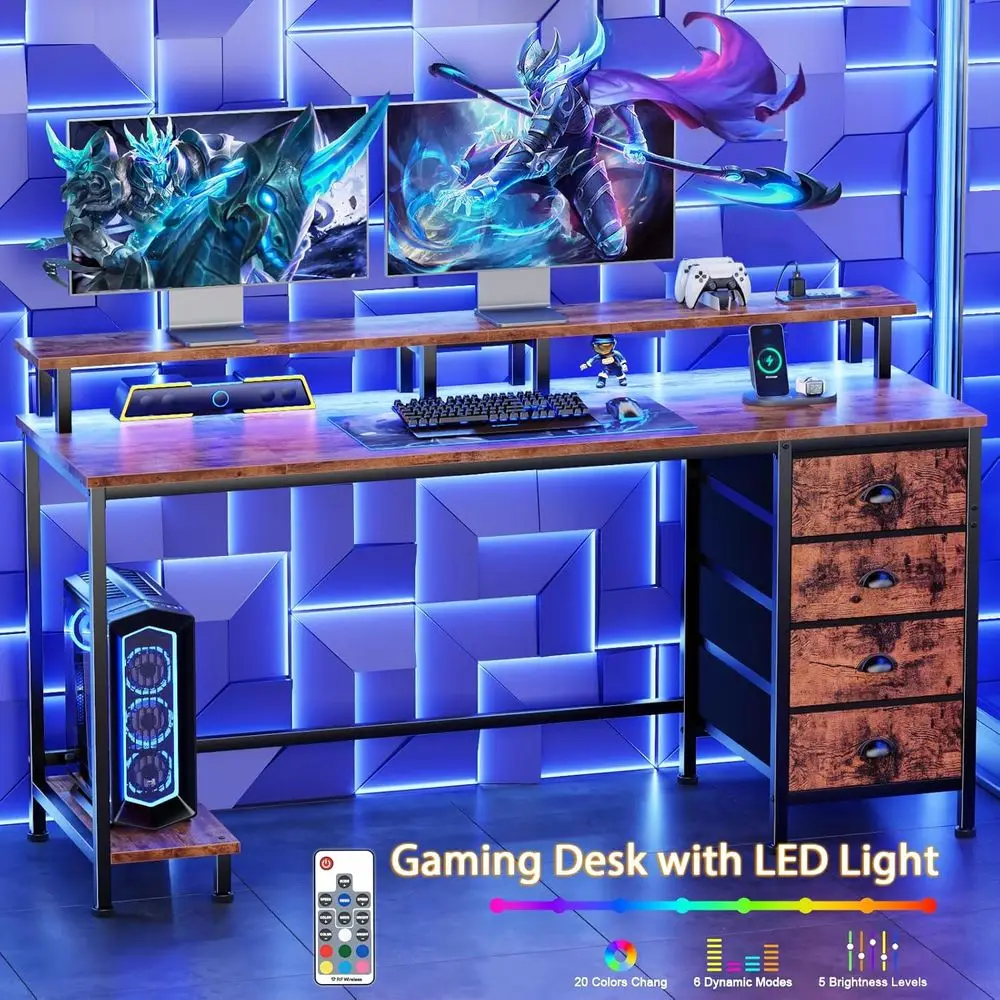 Escritorio para juegos marrón rústico 55 con 4 cajones, tomas de corriente, luces LED y soporte para monitor para oficina en casa compacta