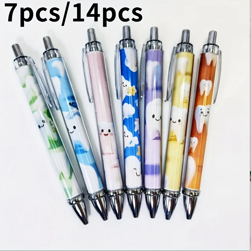 

7Pcs/14Pcs Creative Tooth Series Retractable Pens Dental Health Themed Ballpoint Pens Student Writing Gift Pens
