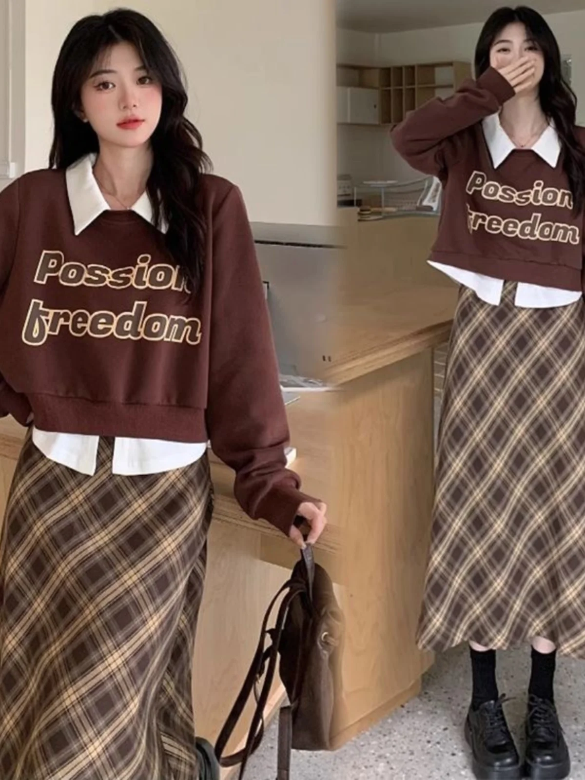 

Модный ретро-комплект из свитшота с крупным принтом и юбки в клетку для женщин, осень-зима, новинка