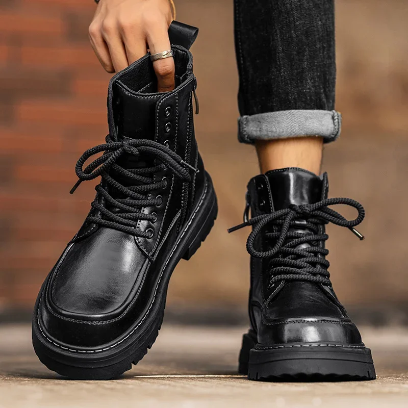 Botas masculinas pretas outono e inverno clássico design minimalista estilo lazer negócios escritório ao ar livre sapatos de caminhada da motocicleta -45