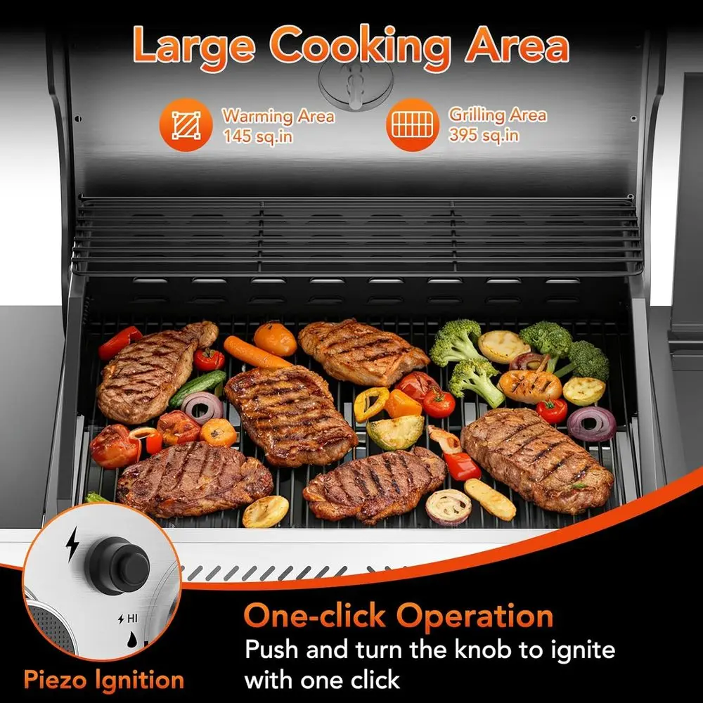 42,000 BTU 4-Burner Propane Gas Grill with Side Burner, Porcelain-Enameled Grates, Stainless Steel for Outdoor and Patio BBQ