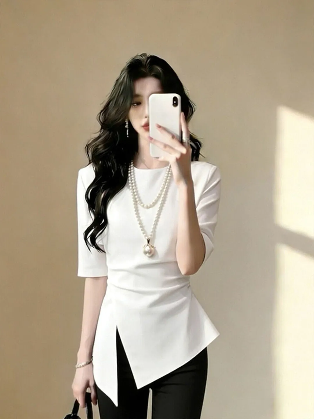 

Elegant Slim Fit Five-Quarter Sleeve T-Shirt Fashionable Trendy Versatile Top Korean Style Commute Silk Women's Clothing
