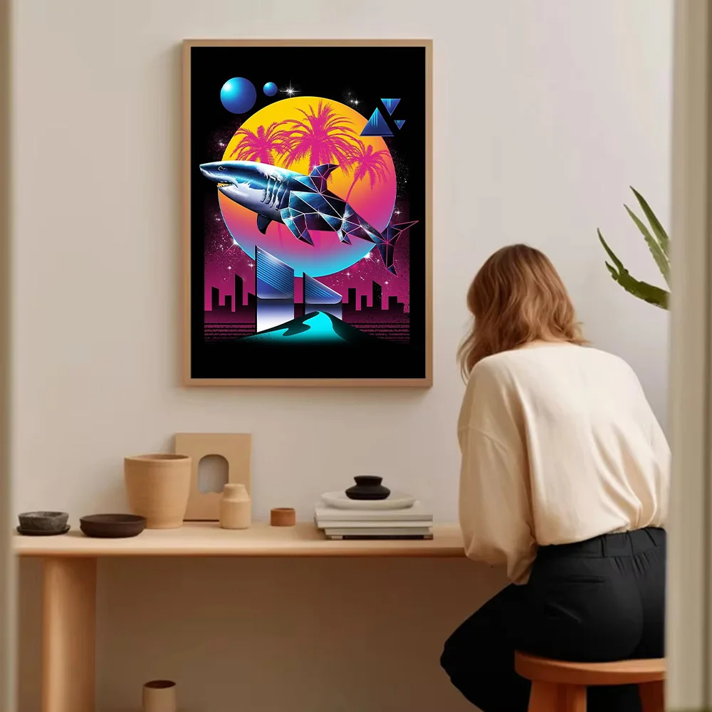 القرش قماش جدار الفن المحيط الغروب Cyberpunk المشهد طباعة Vaporwave الجمالية غرفة ديكور خمر اللوحة الرجعية هدية