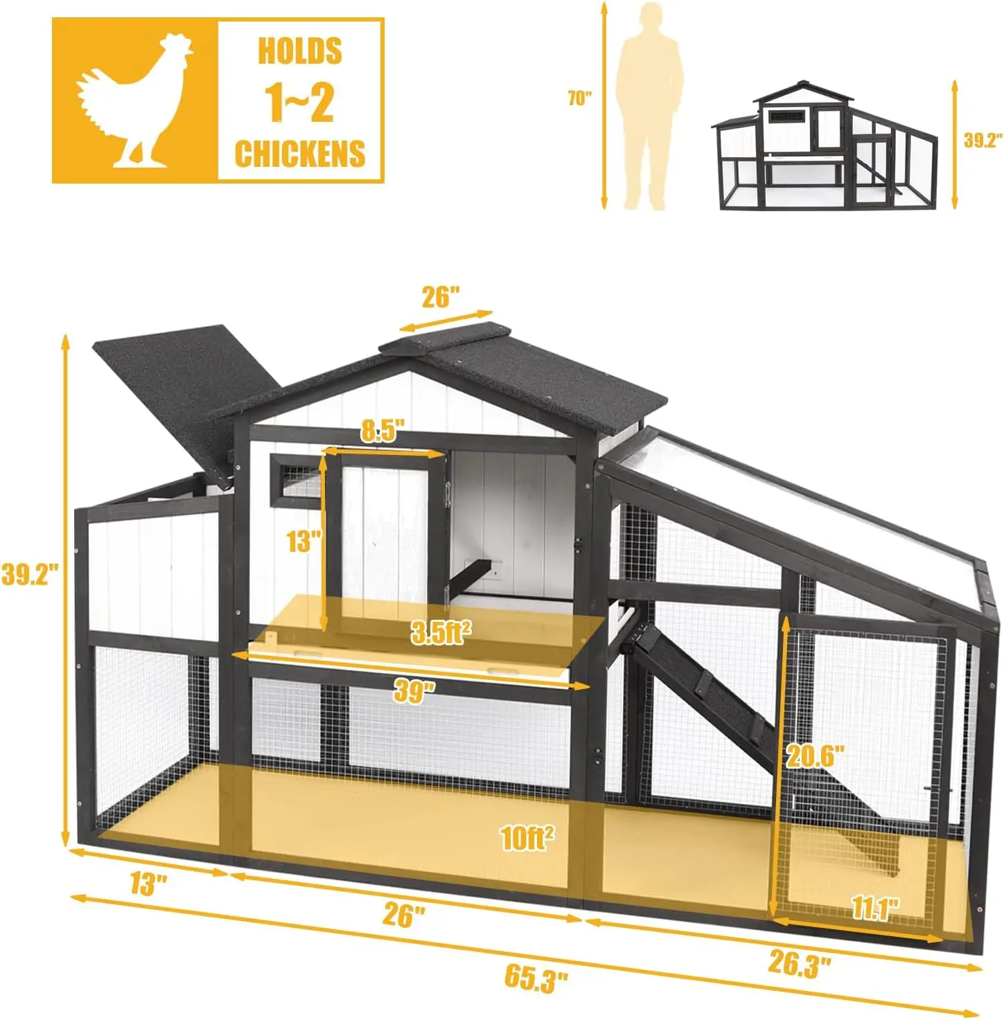 Chicken Coop and Run,Two Story Rabbit Hutch Indoor Outdoor, Wooden Hen House,Deep No Leak Pull Out Tray, for Chick, Bunny(Black)