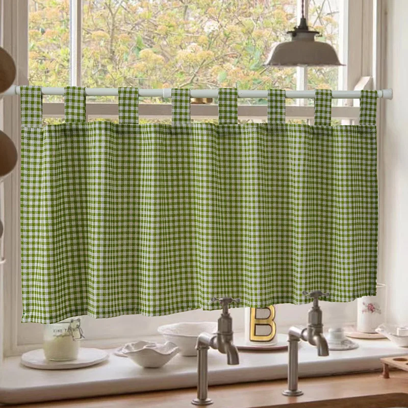 Window Valance Plaid Linen Thicken Short Curtain Kitchen Tab Top Farmhouse Postal Style W150xL45 Cm Valances for Coffee Room