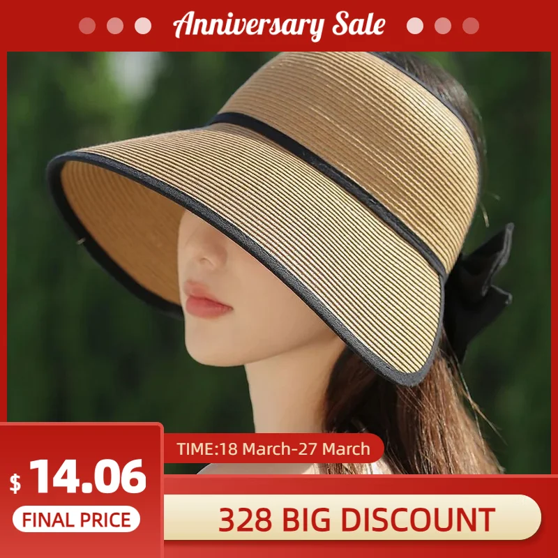 Korean Summer Large Brim Hollow Top Hat Fashion Bow Shading Straw Hat Casual Simple Sun Hat Women Woven