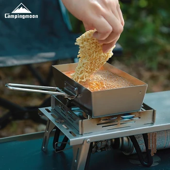 CAMPINGMOON Ustensiles de cuisine de pique-nique de camping en acier inoxydable épais portables avec poignée approfondie et amovible, poêle à steak