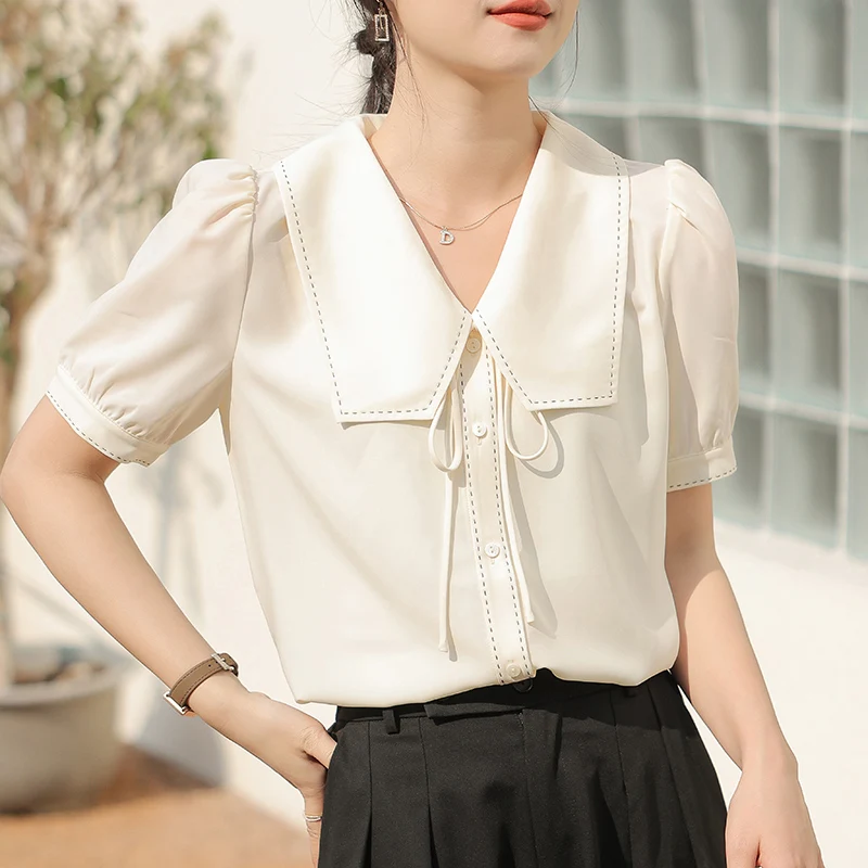 

Summer Korean Puff Sleeve Women's Blouse 2023 New Chiffon Lace Up Turndown Collar Single Breasted Office Shirts Tops Female