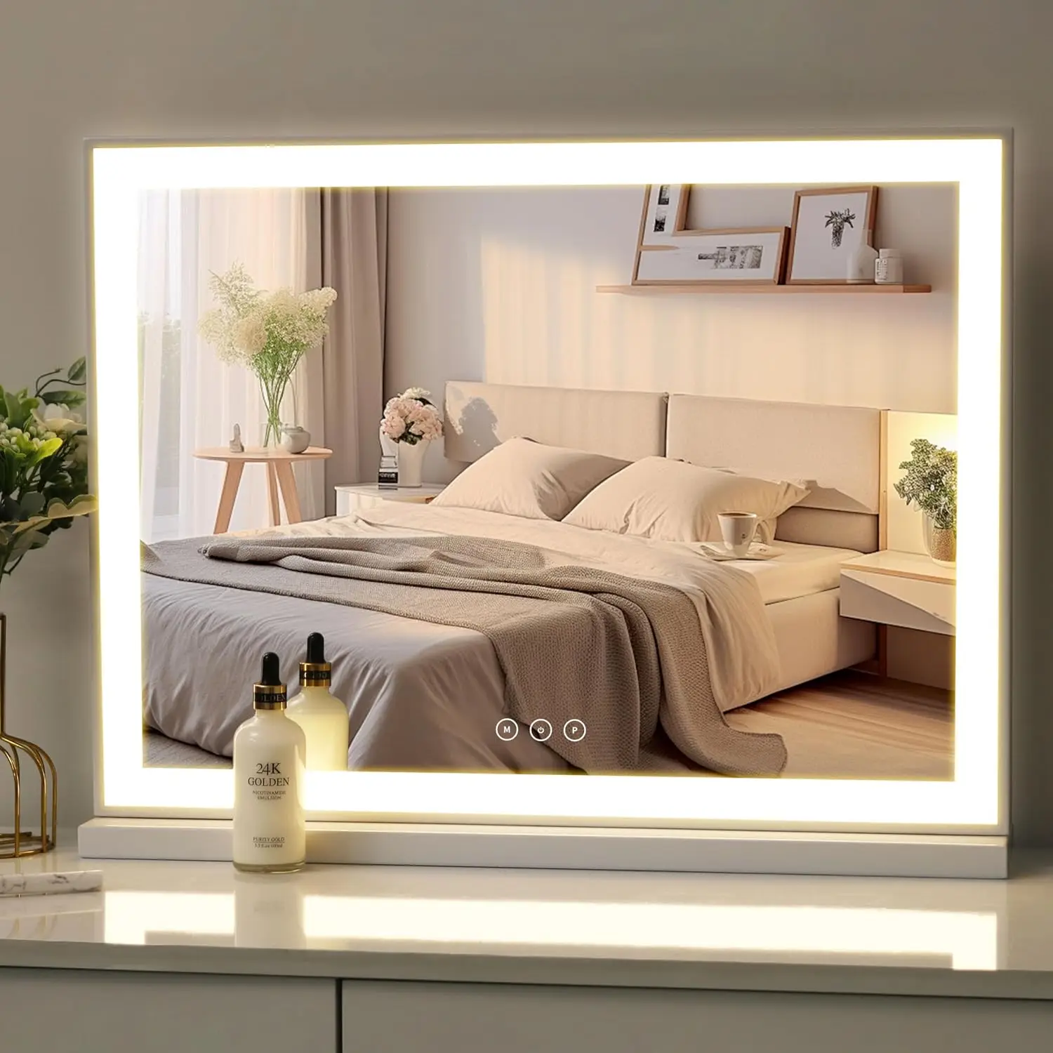 Makeup Mirror With Lights, Large Lighted Vanity Mirror, Light Up Mirror With Smart Touch 3 Colors Dimmable, Tabletop Mirror For