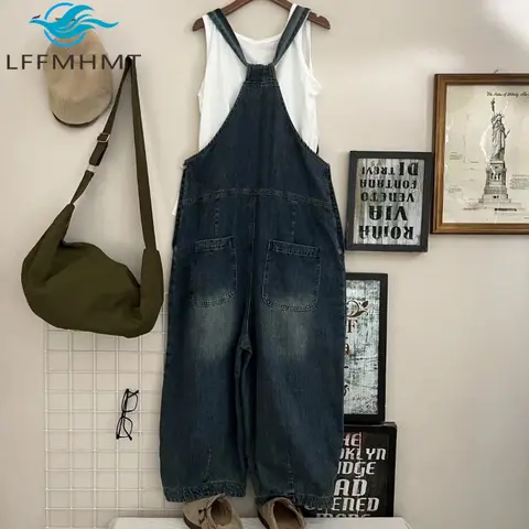 Summer Fashion Suspender for Women Japan Style Vintage Pocket Sleeveless Denim Overalls Female Streetwear Wide Leg Jumpsuits