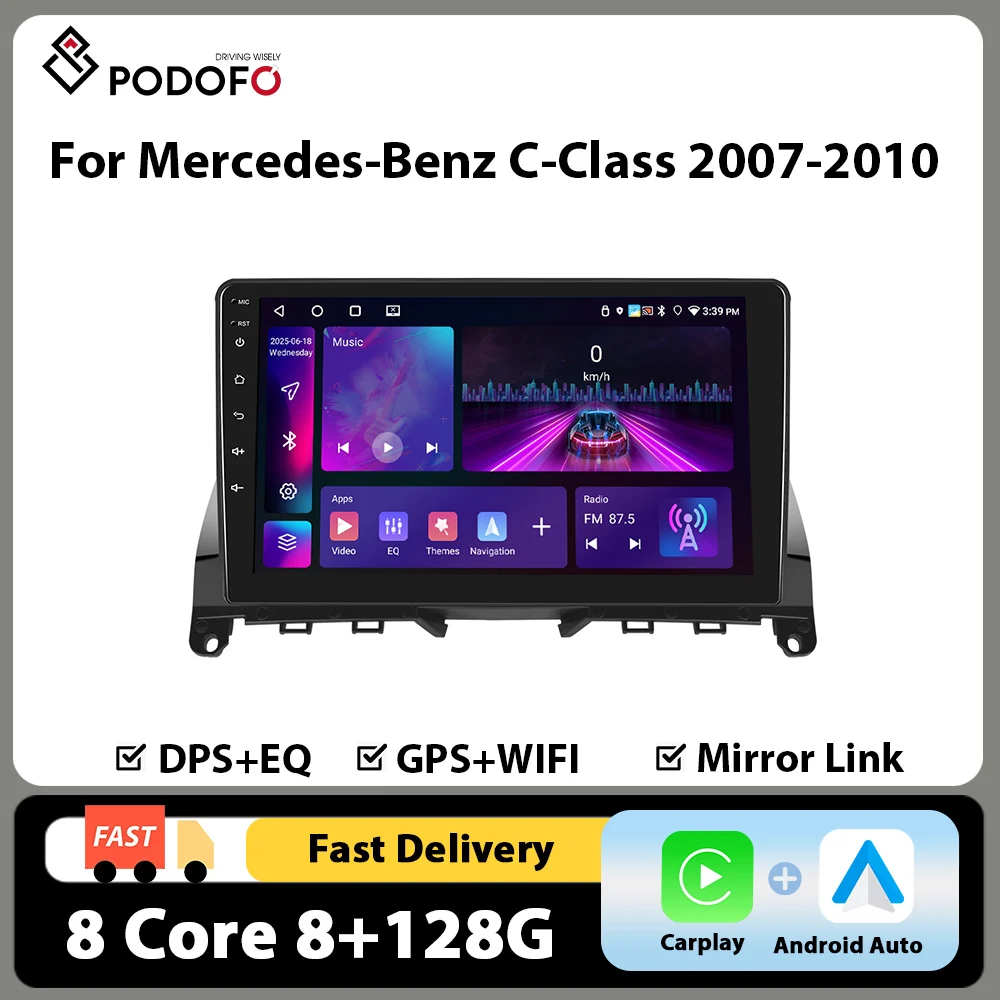 Autoradio Podofo 9'' pour Mercedes-Benz Classe C W204 S204 2007-2010 Lecteur multimédia Carplay Android Auto 8+128G 4G WIFI GPS DSP