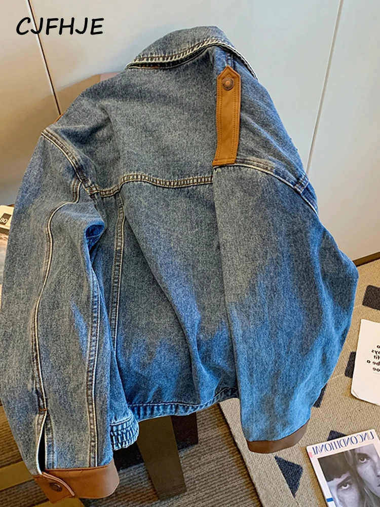 CJFHJE-Veste en denim patchwork vintage bleu pour femme, mode chicly coréenne, vestes Harajuku pour femme, combinaison en denim décontractée à fermeture éclair