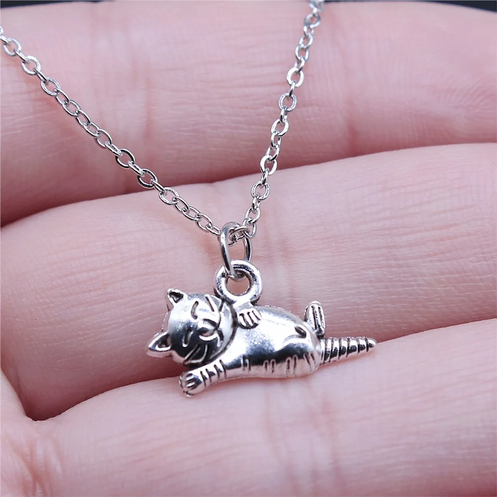 Simple Classic Fashion 20x12mm Antique Silver Color Cute Cat Pendant Girl Women Short Chain Necklaces Choker Necklace