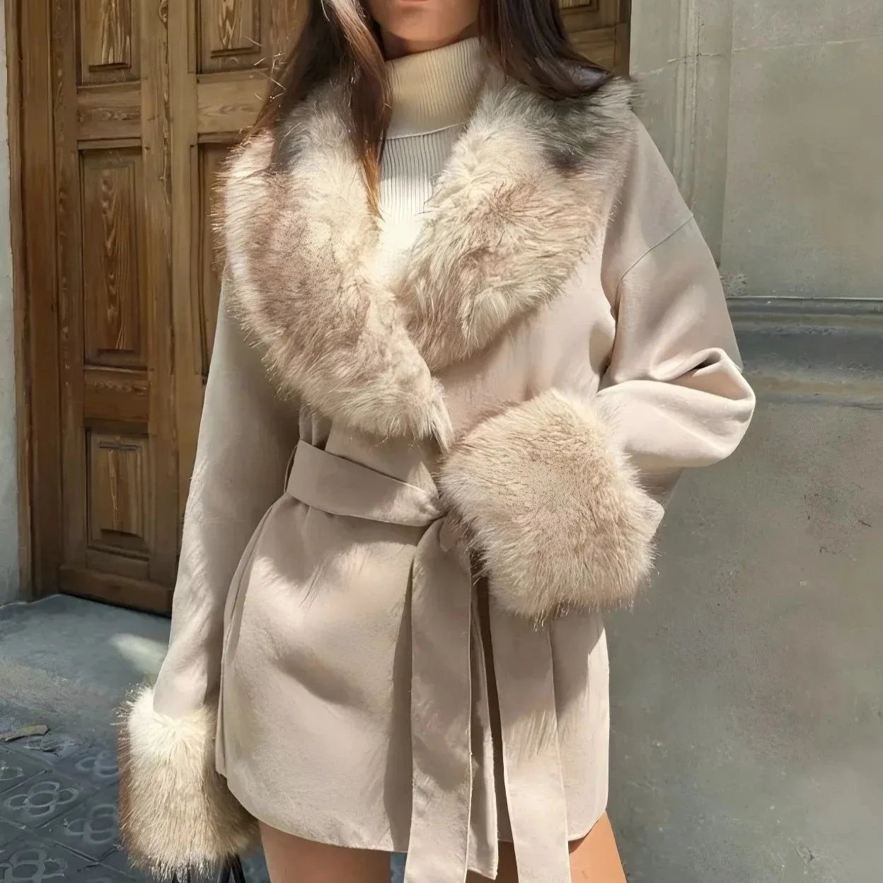 Women Faux Fur Collar Belted Waist Short Coat Elegant Furry Cuff Lapel Wrap Winter Outerwear
