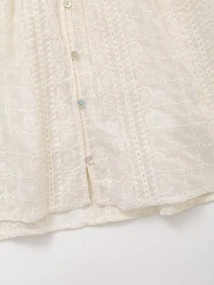 Tangada Women Beige Embroidery Cotton Shirt Long Sleeve 2024 Fashion Female Hollow Oversized Crop Blouse Tops 6H0212