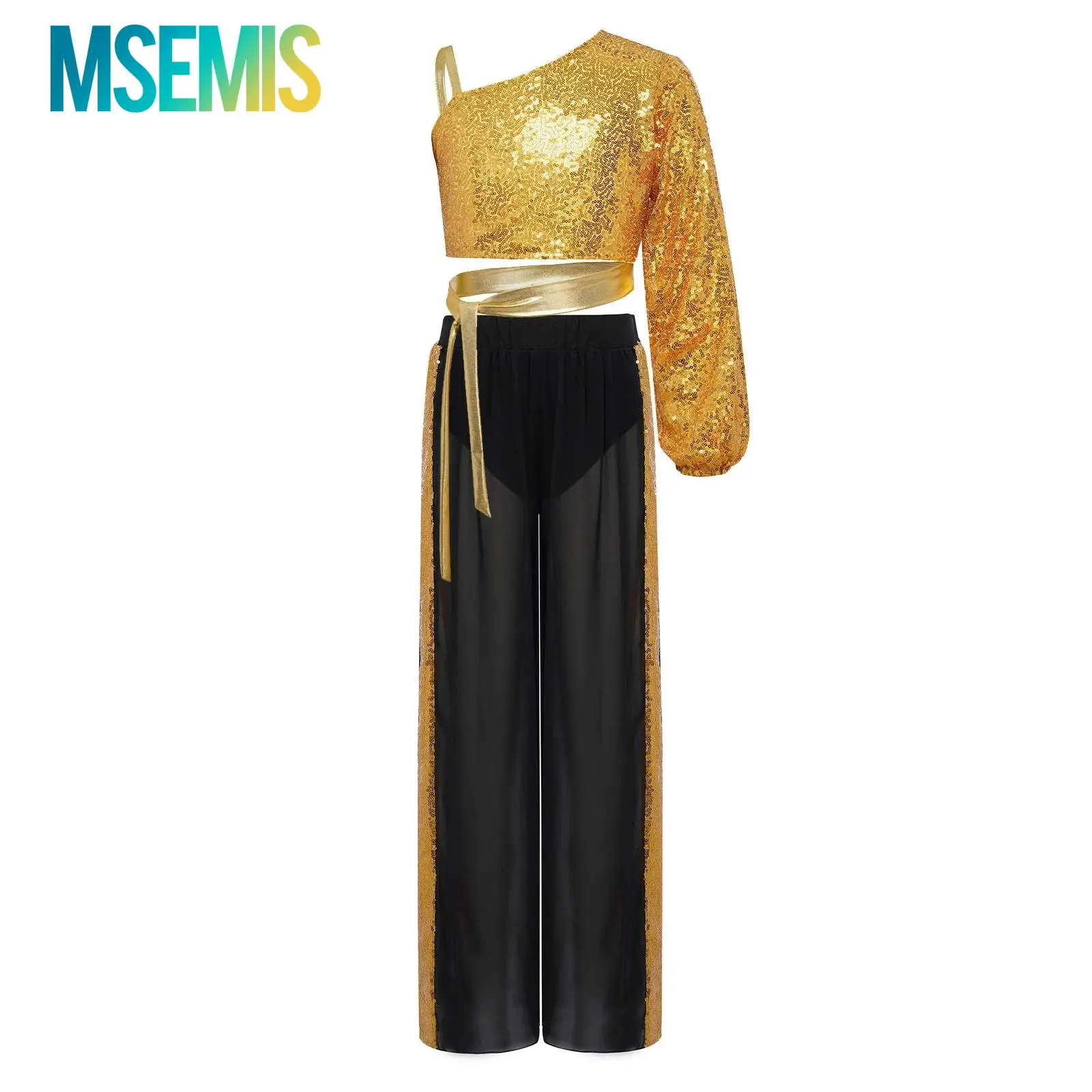 

Детский костюм для лирического танца с блестящими пайетками для девочек, костюм для выступлений, укороченный топ с невидимой застежкой-молнией и широкими брюками