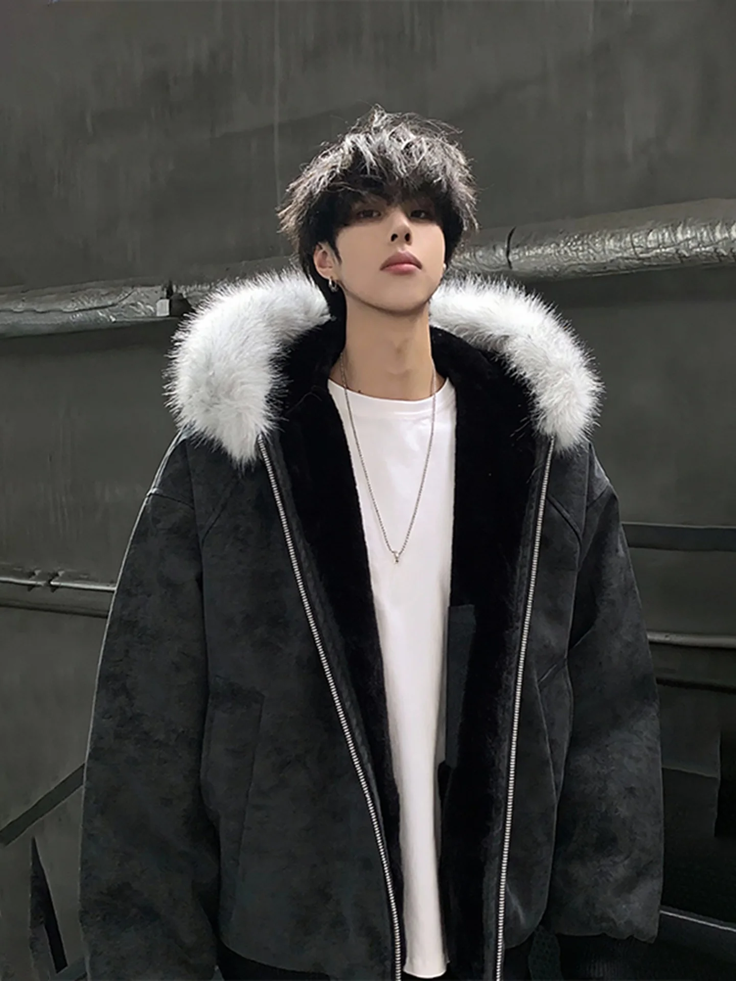 

Men's Thiened Fce Lined Cotton Jaet with Fur Collar Zipper Closure Long Sve Warm Casual Outerwear for Winter