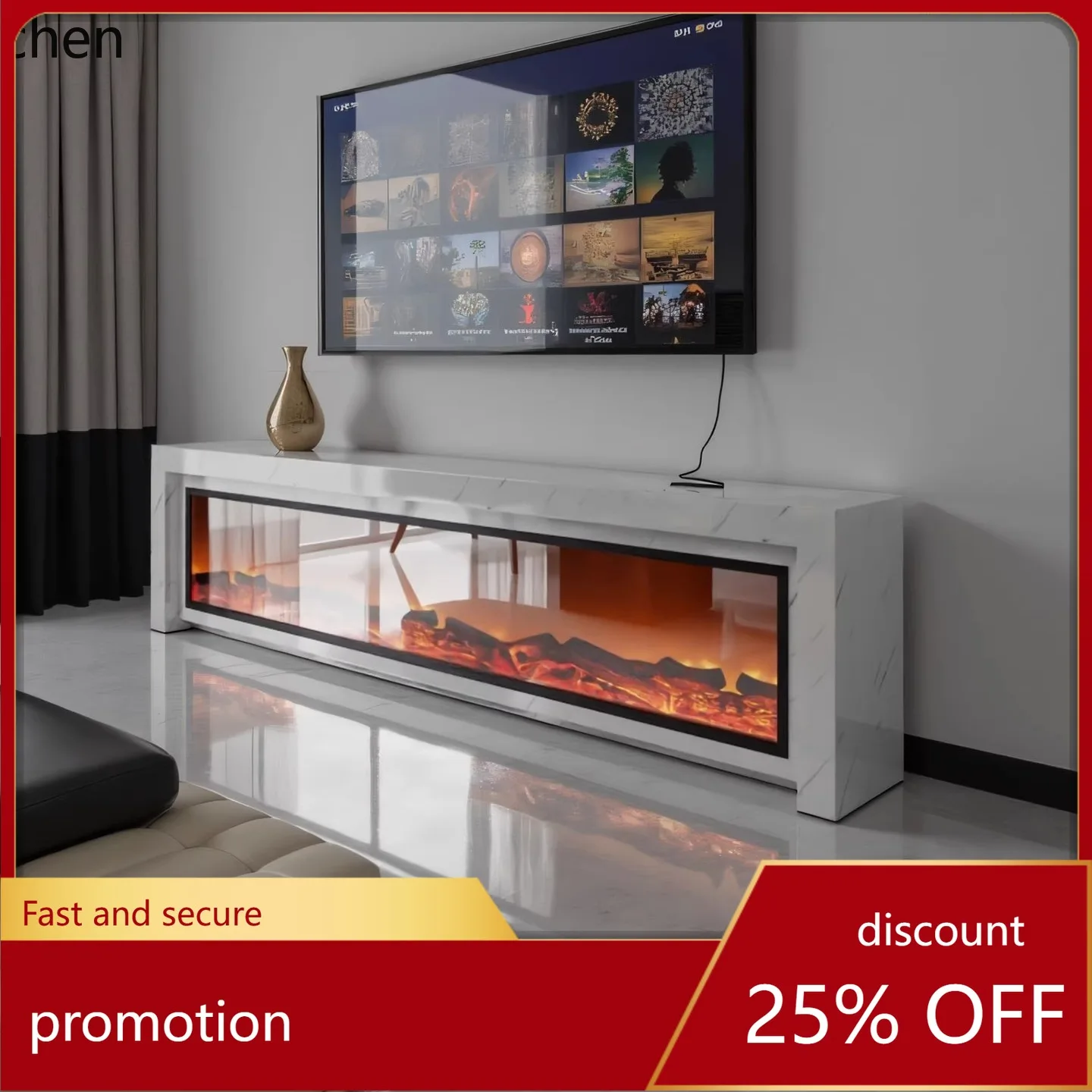 CZ Solid Wood TV Cabinet Fireplace Simulation Decoration Electronic Heater Marble