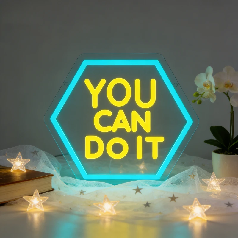 

Светодиодная неоновая вывеска «YOU CAN DO IT» в форме шестиугольника, с регулируемой яркостью, вдохновляющая, с питанием от USB, для спальни, офиса, спортзала, настенный декор, подарок на день рождения
