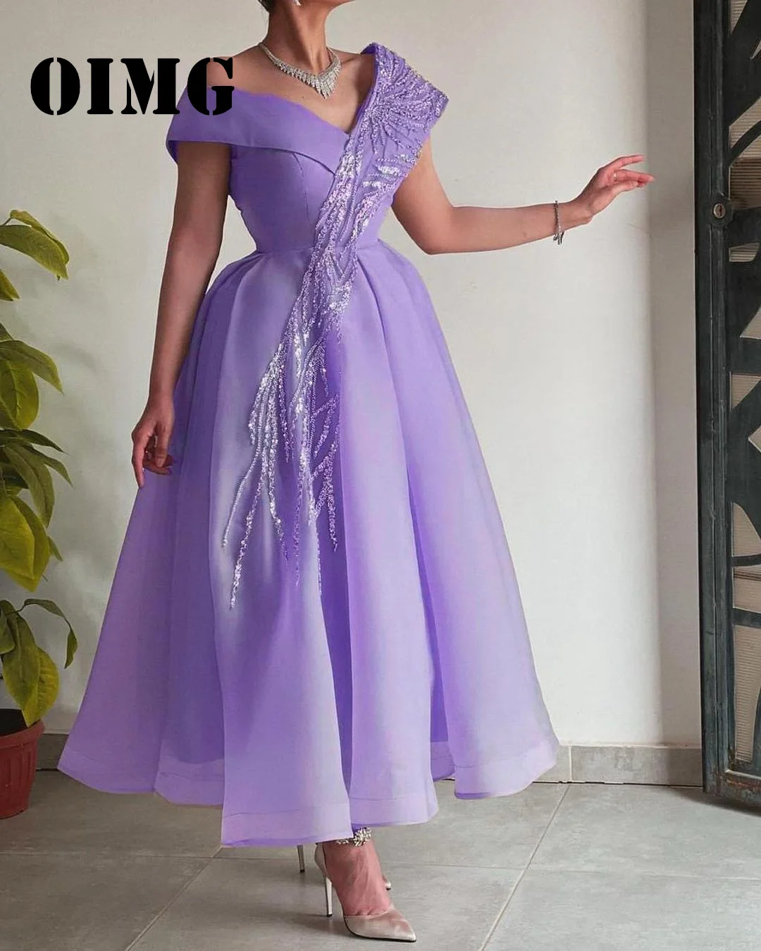 OIMG New Design One-Shoulder Prom Dresses Short Sleeves Saudi Arabic Sequins Women Customized Gowns Formal Party Dress