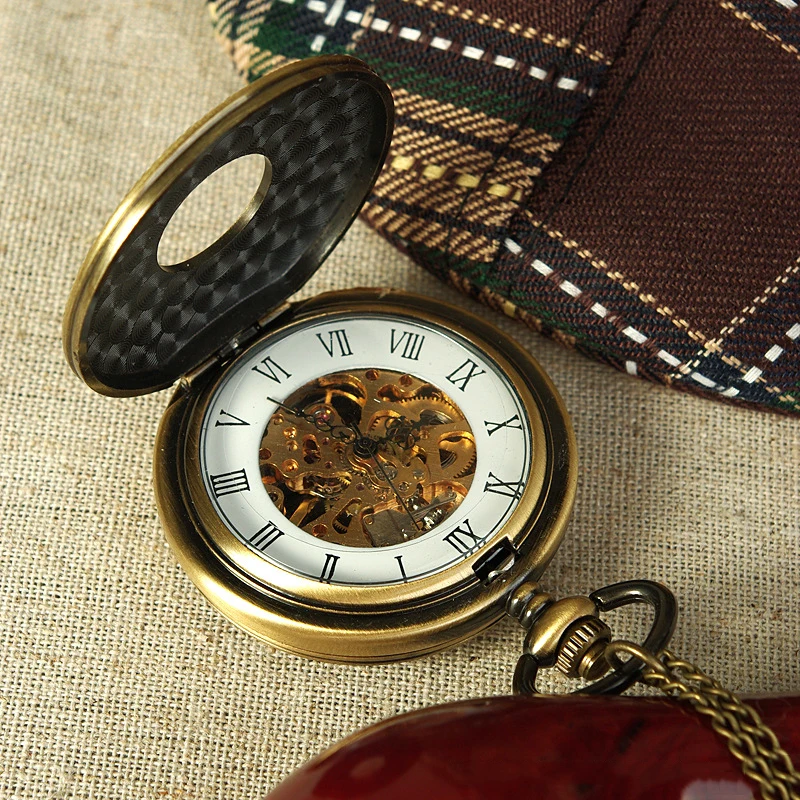 الفاخرة Steampunk الميكانيكية ساعة جيب للرجال النساء الهيكل العظمي حالة Vintage الأرقام الرومانية البرونزية الهاتفي فوب سلسلة قلادة ساعة