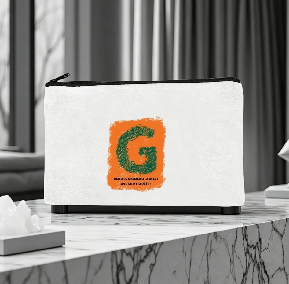 1PC Vintage Scribble Letter G Orange Block Canvas Zipper Pouch Minimalist Initial Print Makeup Coin Stationery Storage Bag